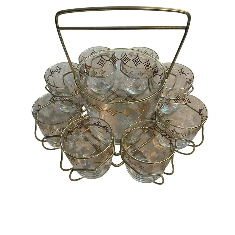 Jeannette Glass Atomic 10 Piece MCM Vintage Bar Set Glasses Ice Bucket Carrier